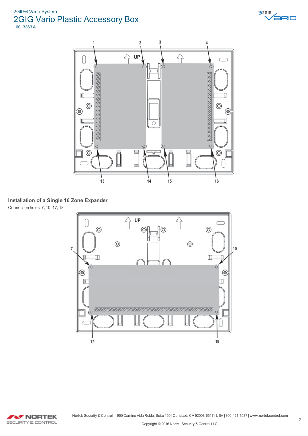 2GIG Vario Plastic Accessory Box installation holes map — mounting hole layout for dual expander and single 16-zone expander configurations