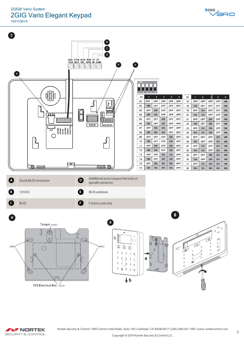 2GIG Vario Elegant Keypad wiring diagram, DIP switch address table, and mounting steps