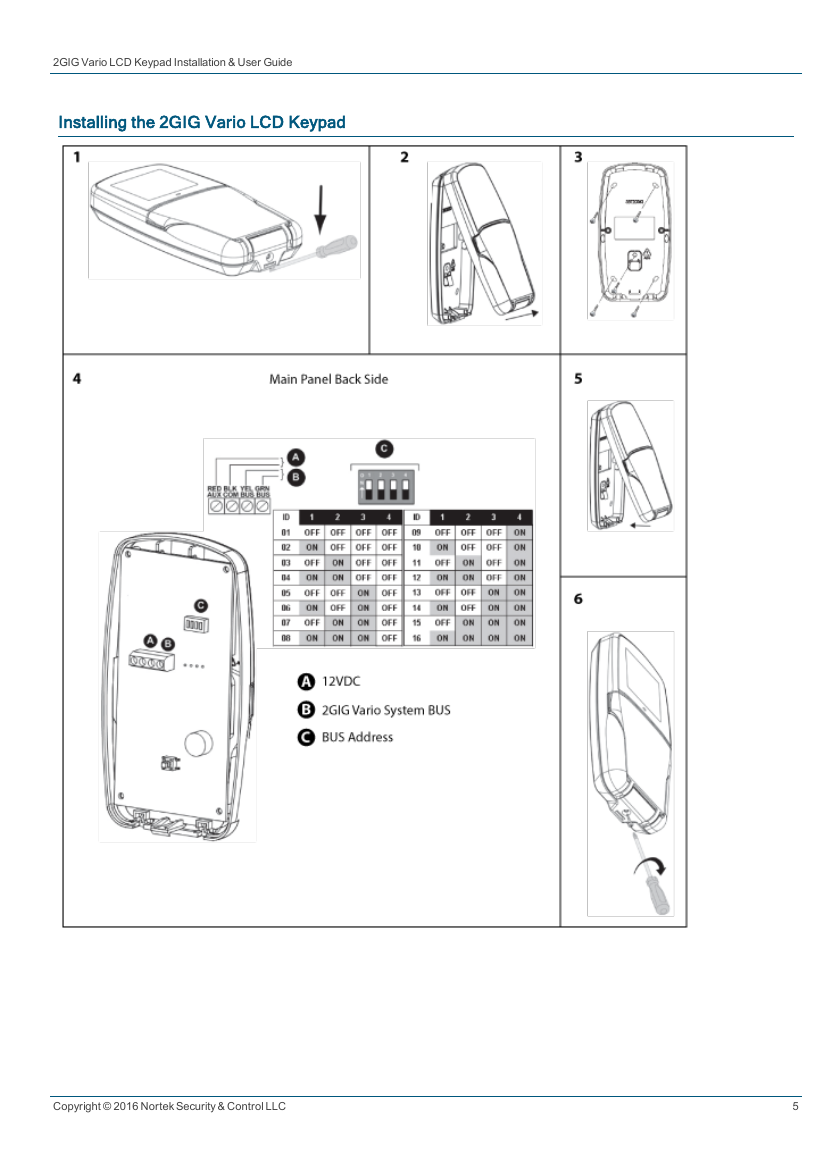 2GIG Vario LCD Keypad installation, wiring, and BUS address DIP switch diagram