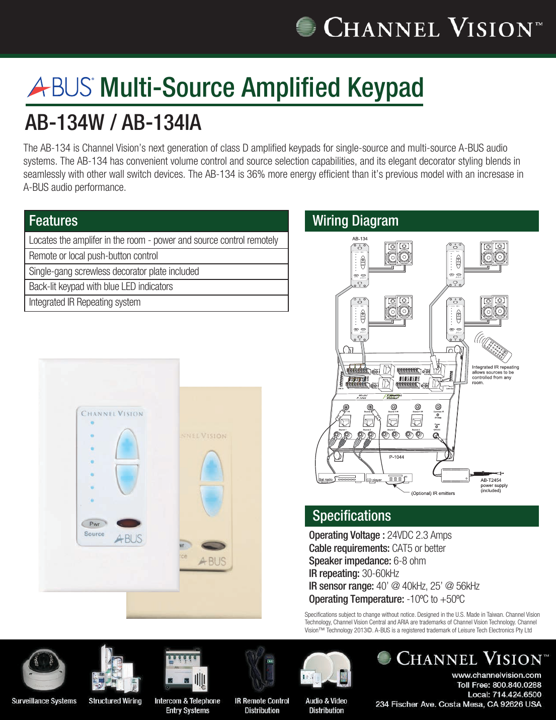 Channel Vision AB-134 wiring diagram and keypad product photo (white and ivory finishes)