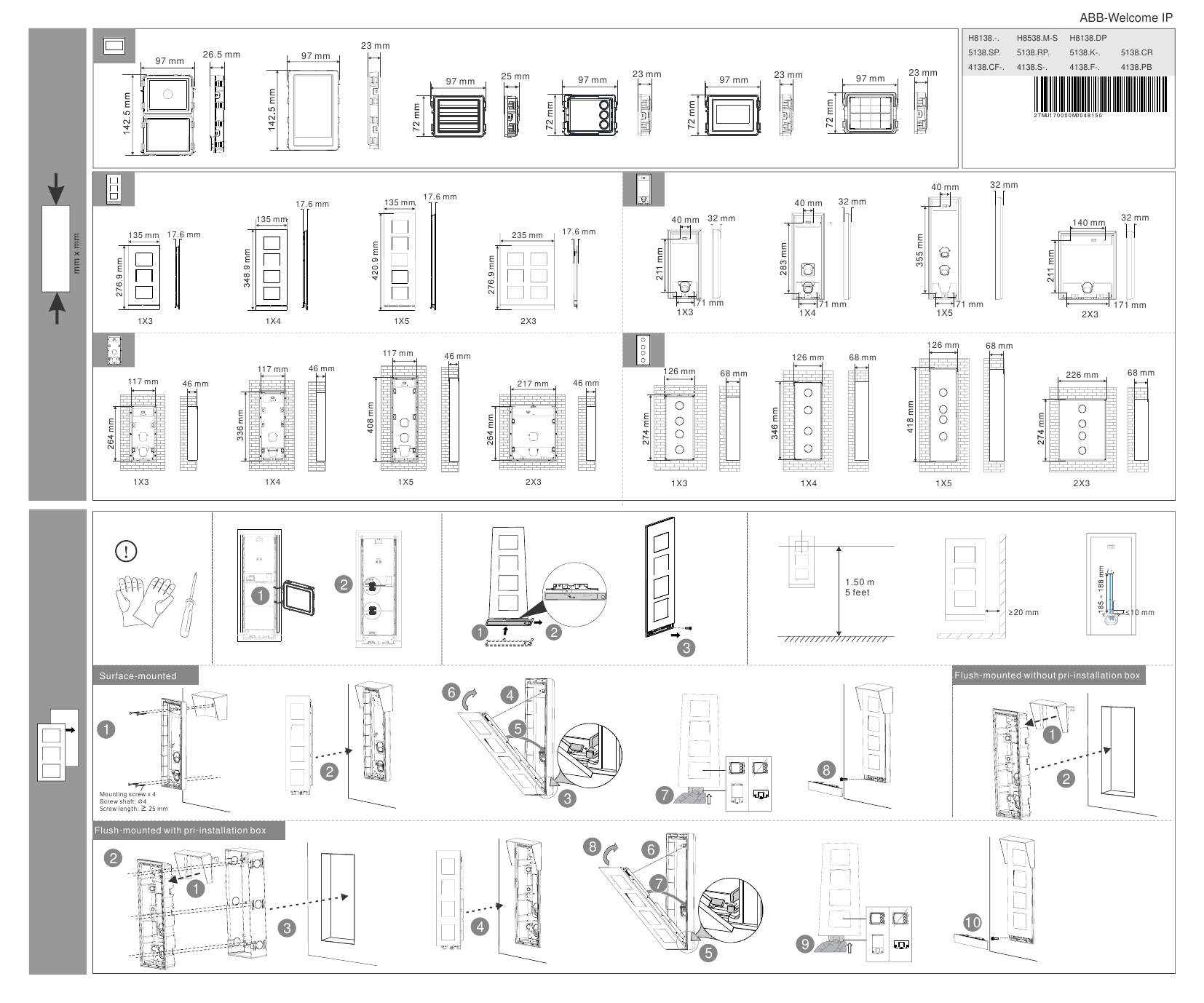 ABB-Welcome IP Outdoor Station module dimensions and surface/flush mounting installation diagram