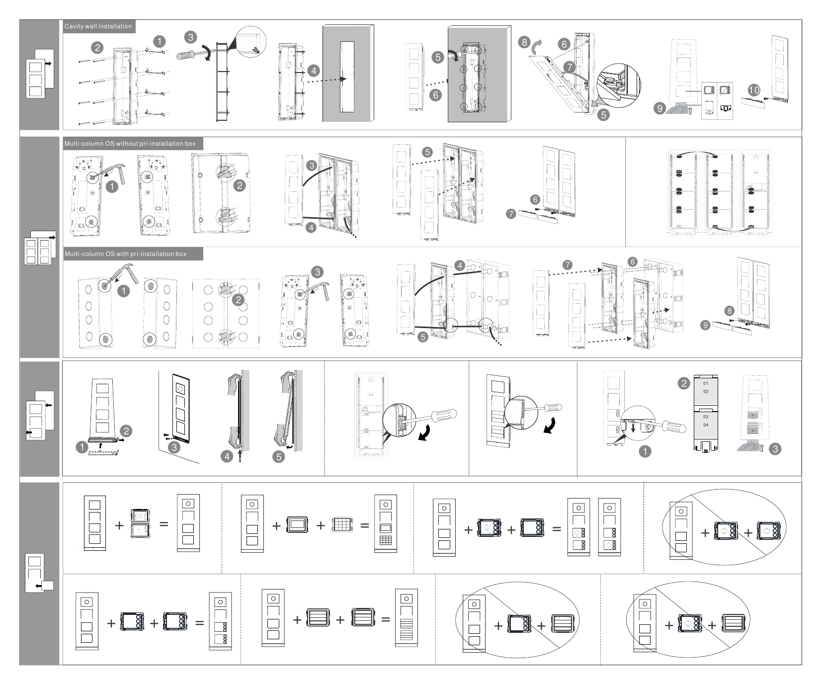 ABB-Welcome IP Outdoor Station cavity wall installation, multi-column assembly, and module combination diagram