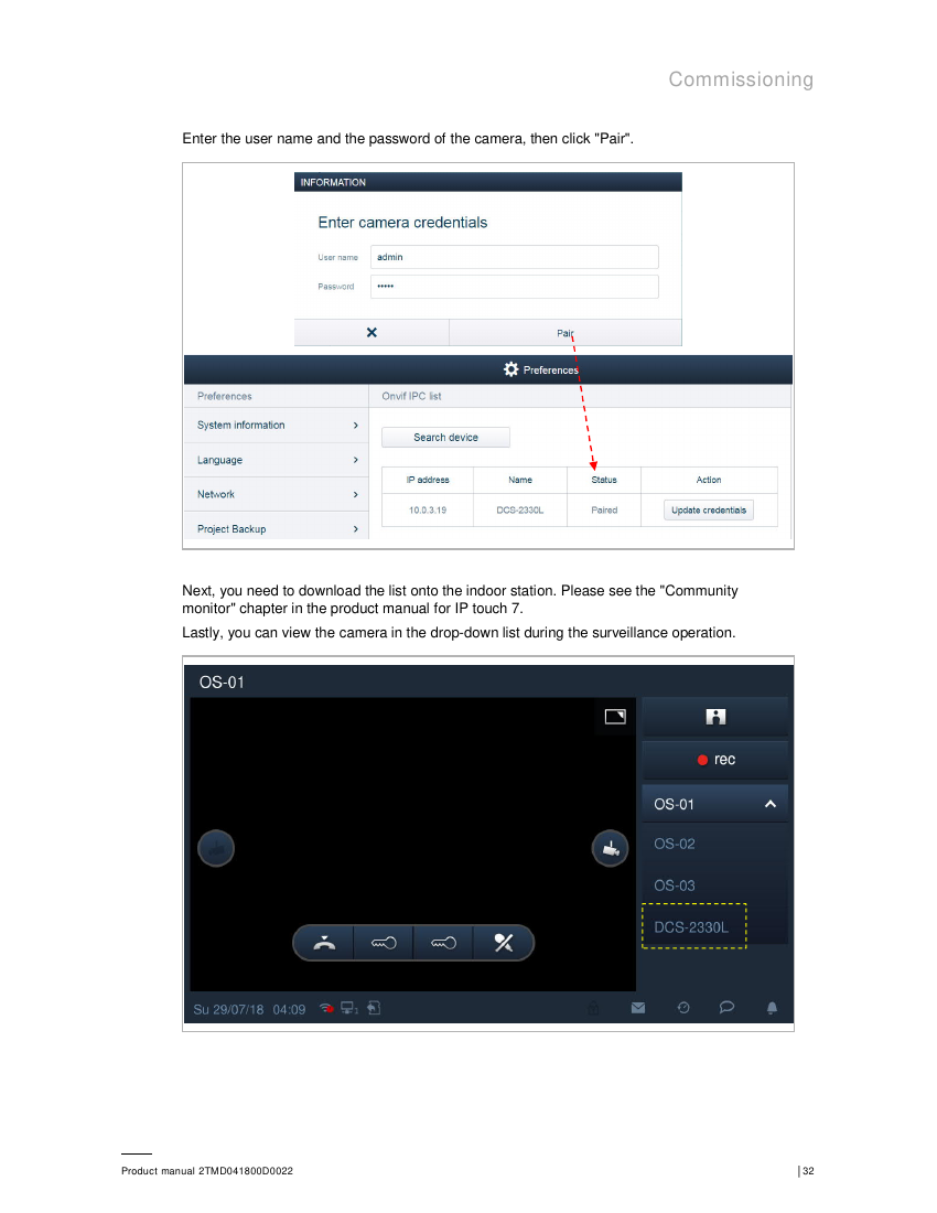 ABB Smart Access Point ONVIF camera pairing credential dialog and live camera view with camera selector