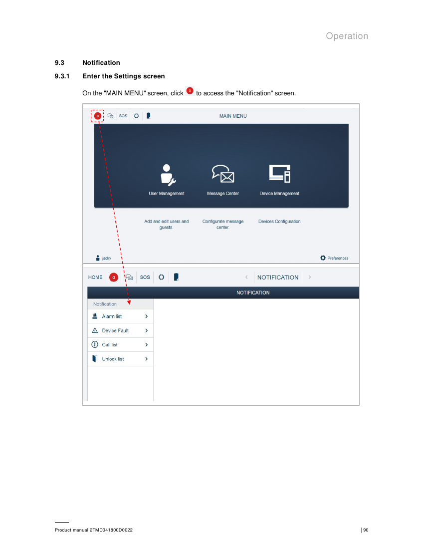 ABB Smart Access Point Notification screen showing Alarm list, Device Fault, Call list, and Unlock list sections