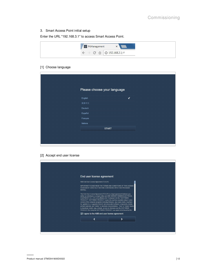 ABB Smart Access Point initial setup wizard screens — language selection and end user license agreement
