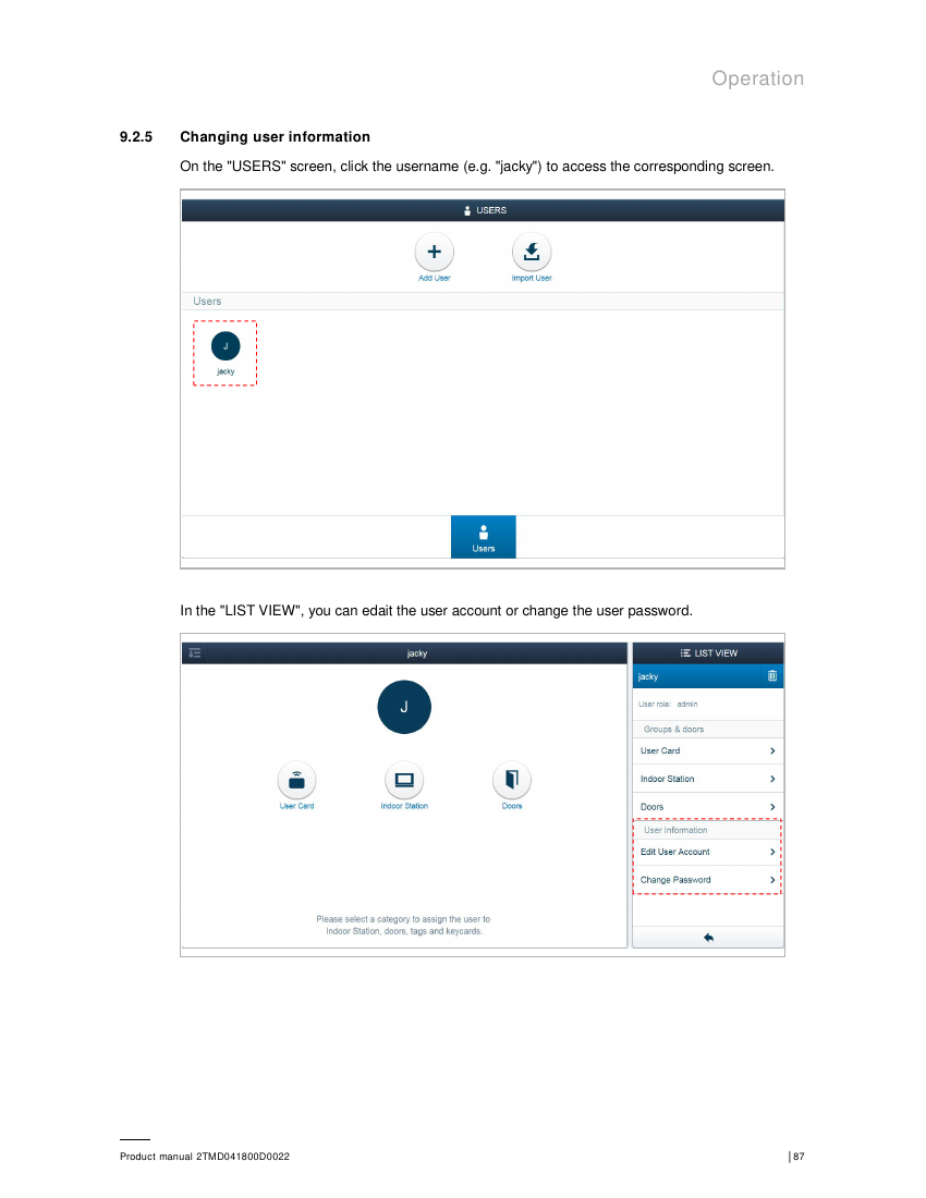 ABB Smart Access Point Users list and user detail screen with Edit User Account and Change Password options