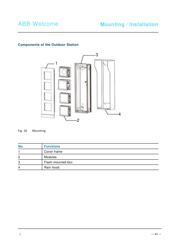 ABB Welcome outdoor station exploded assembly diagram showing cover frame, modules, flush-mounted box, and rain hood