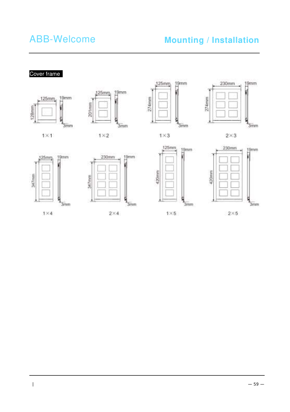 ABB Welcome cover frame dimension diagrams for 8 module configurations from 1x1 to 2x5