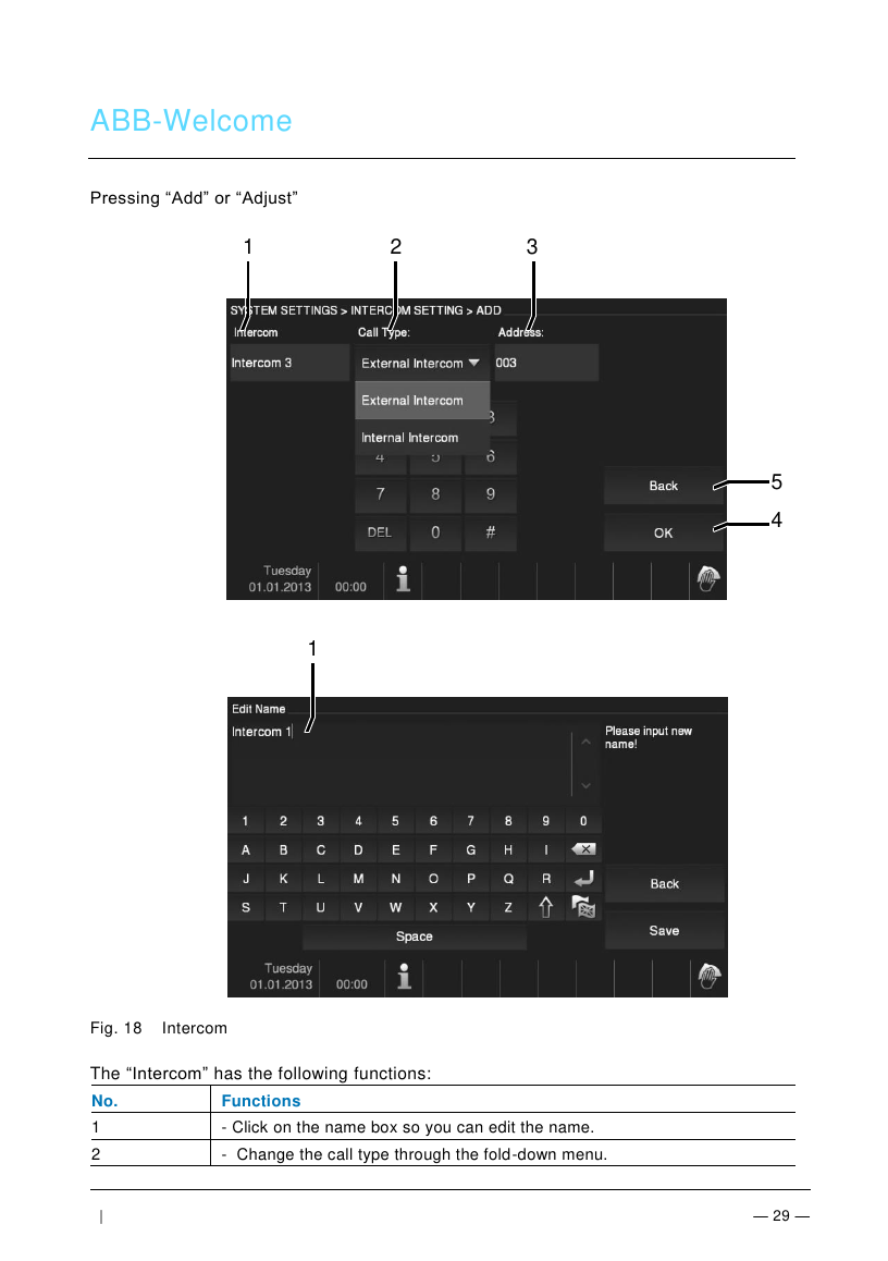 ABB-Welcome indoor station intercom setup screen with functions table