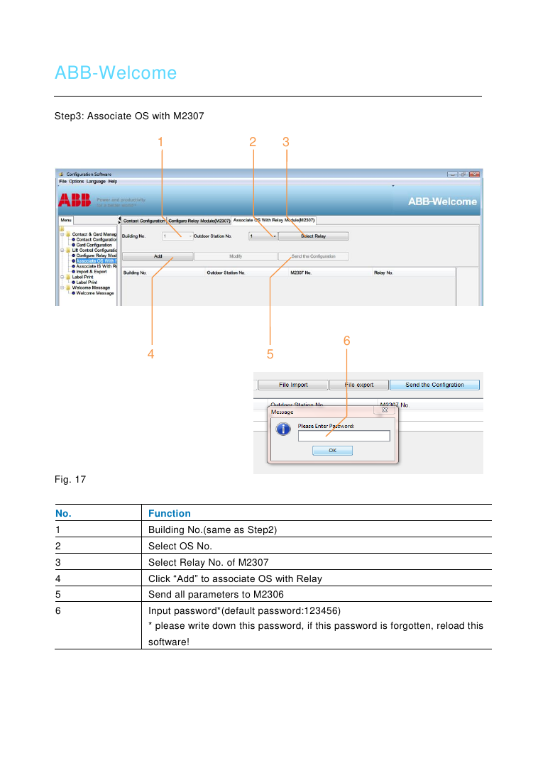 ABB Welcome M PC Configuration Tool screenshot — Step 2, selecting building and M2307 relay parameters