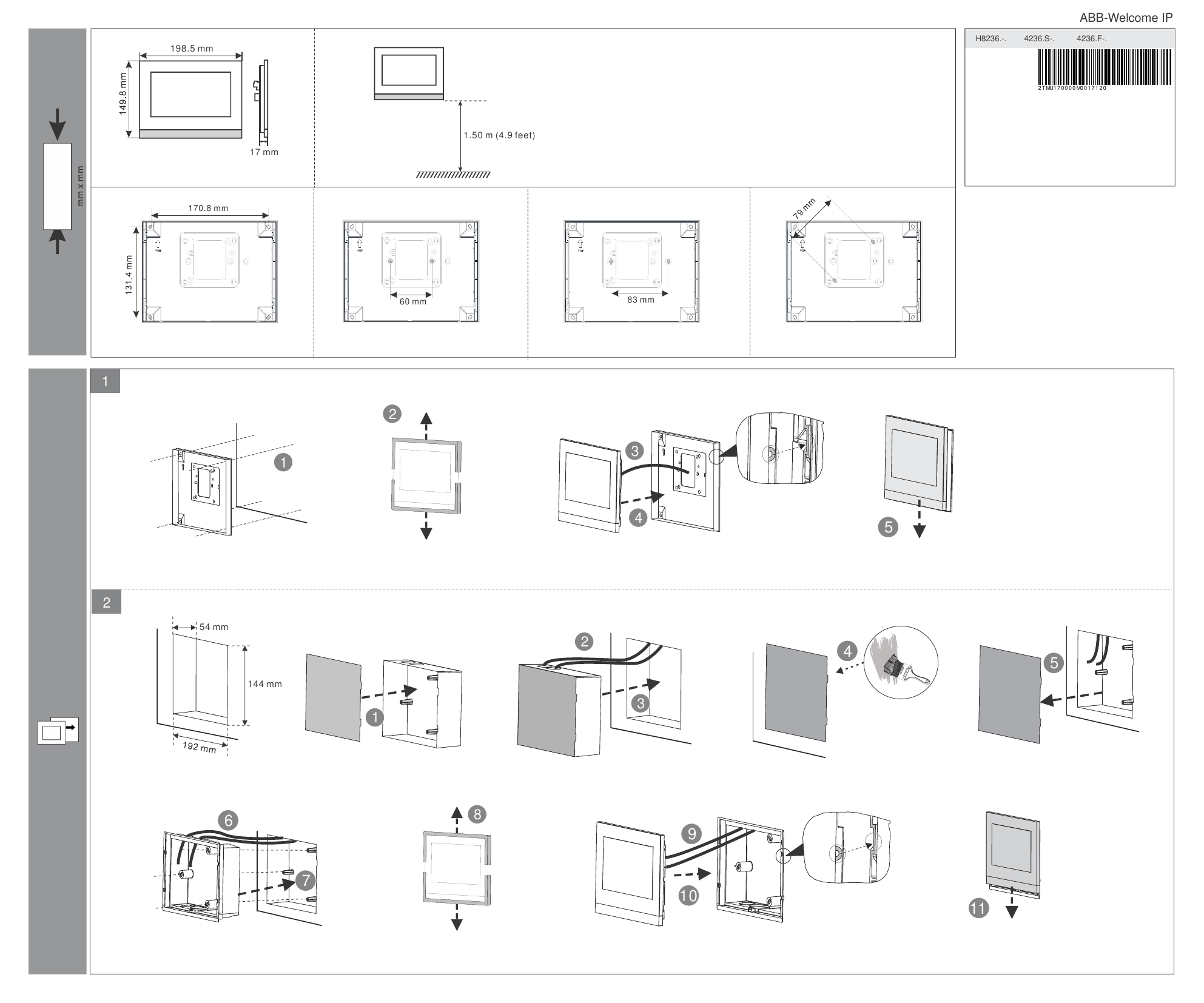 ABB IP Touch 7 panel dimensions and back-box mounting hole patterns