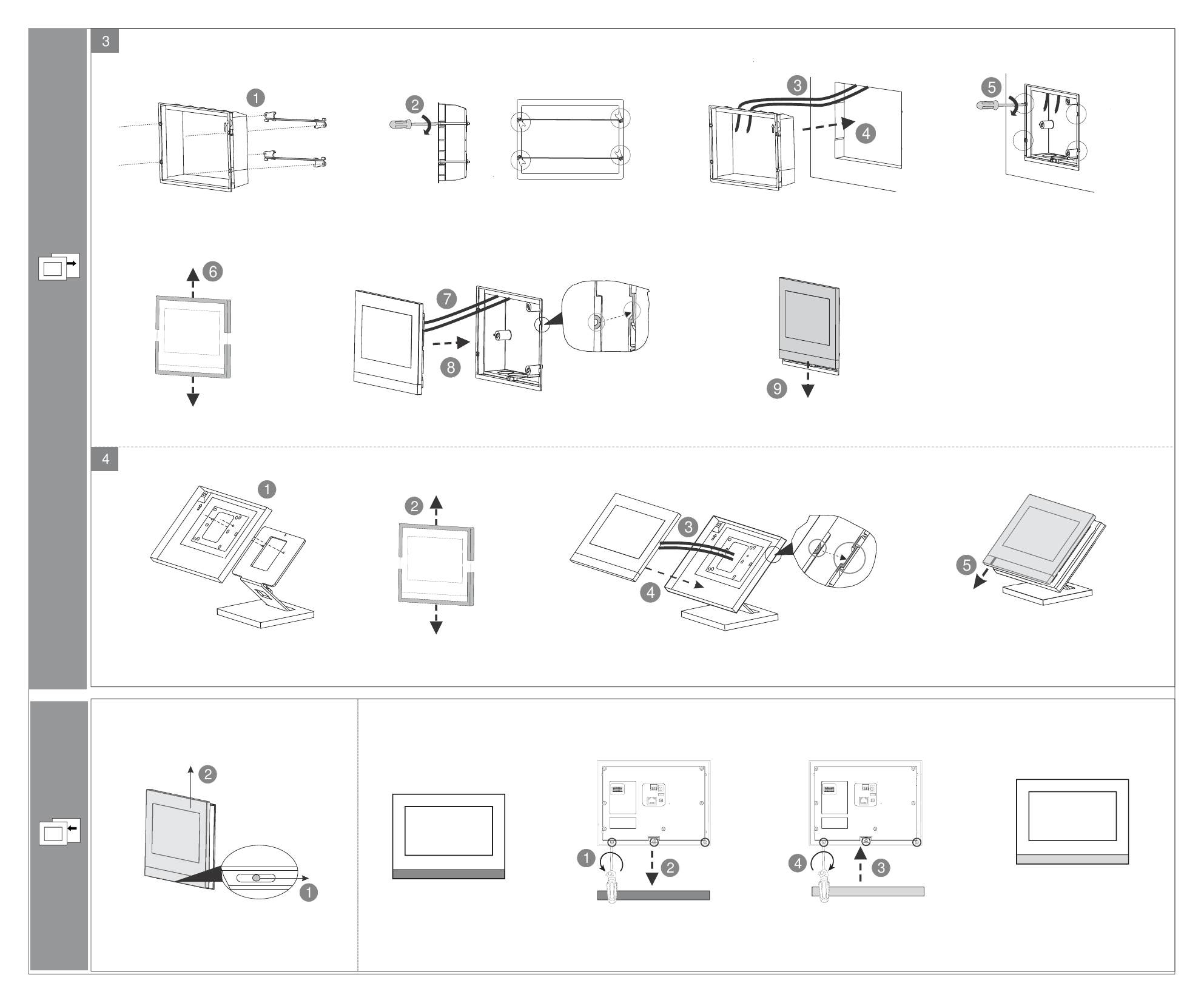 ABB IP Touch 7 panel flush-mount, surface-mount, desktop stand, and rear connector layout diagrams