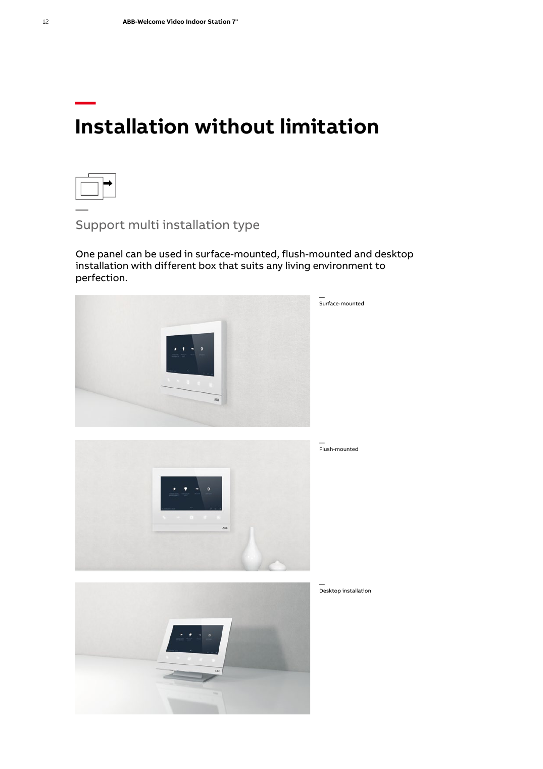 ABB-Welcome Video Indoor Station 7 inch installation options — surface-mounted, flush-mounted, and desktop installation