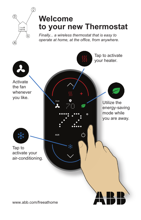 ABB-free@home Thermostat touchscreen control diagram showing fan, heat, cool, and Eco mode icons
