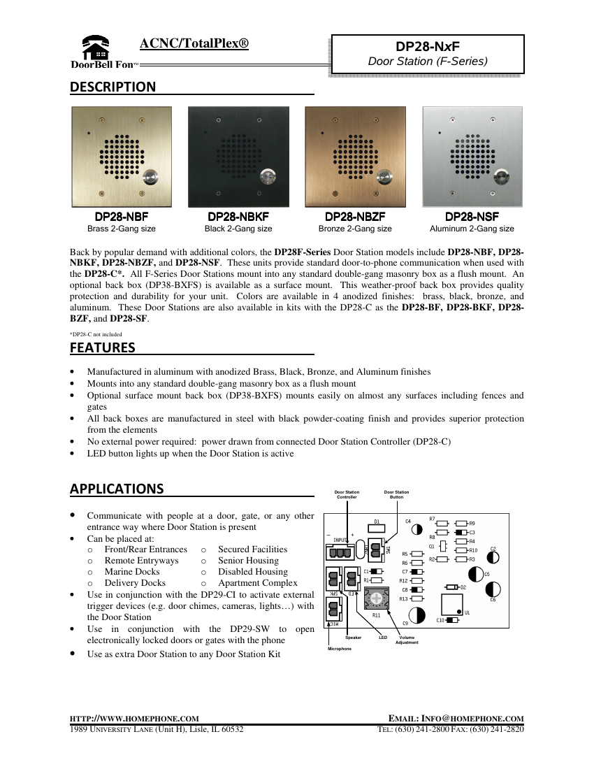 DoorBell Fon DP28-NxF Door Station finishes and wiring/application diagram