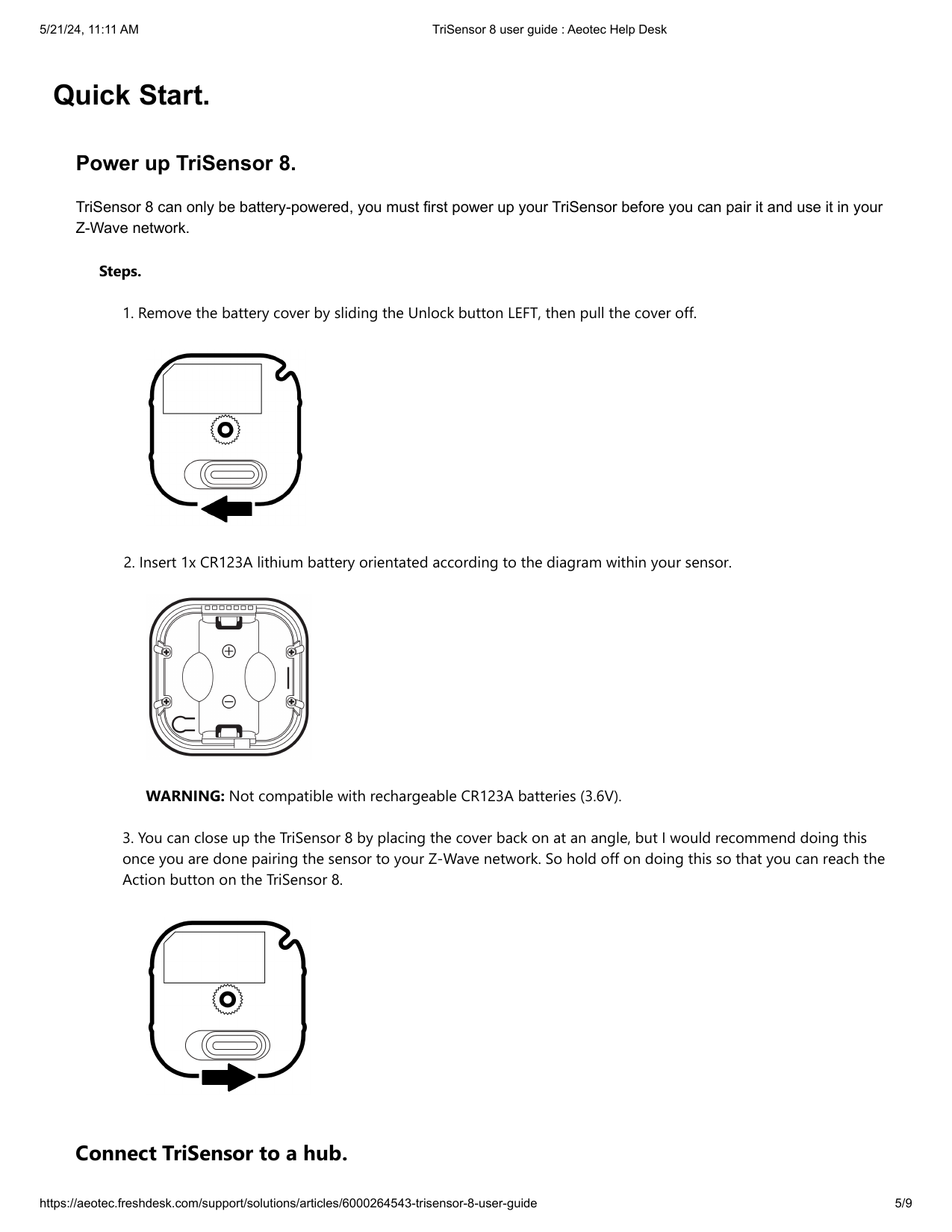 TriSensor 8 battery installation steps: sliding the cover lock left, inserting the CR123A battery with correct polarity, and closing the cover