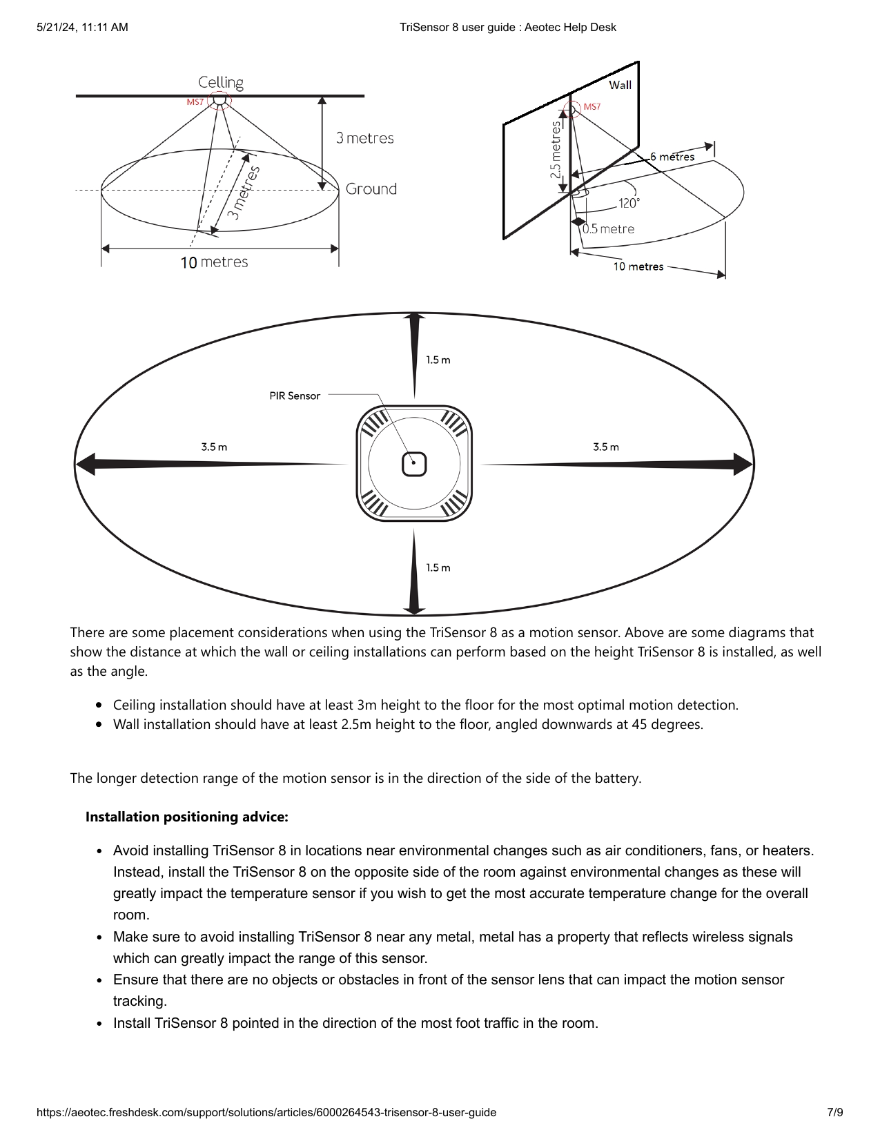 TriSensor 8 placement diagrams showing ceiling and wall mounting height and angle, plus PIR detection zone coverage from top-down and side views