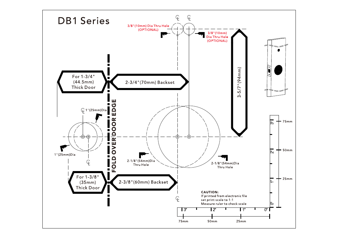 Alfred DB1 door boring template with hole diagrams and measurements