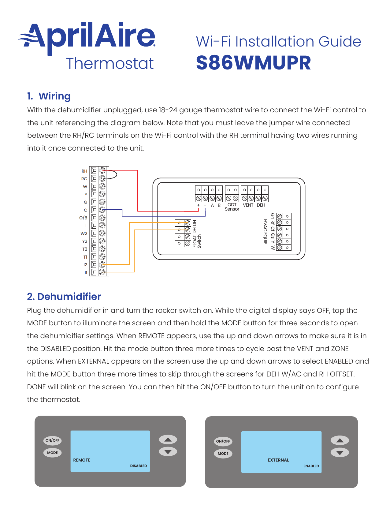 AprilAire S86WMUPR wiring diagram and dehumidifier display configuration screens