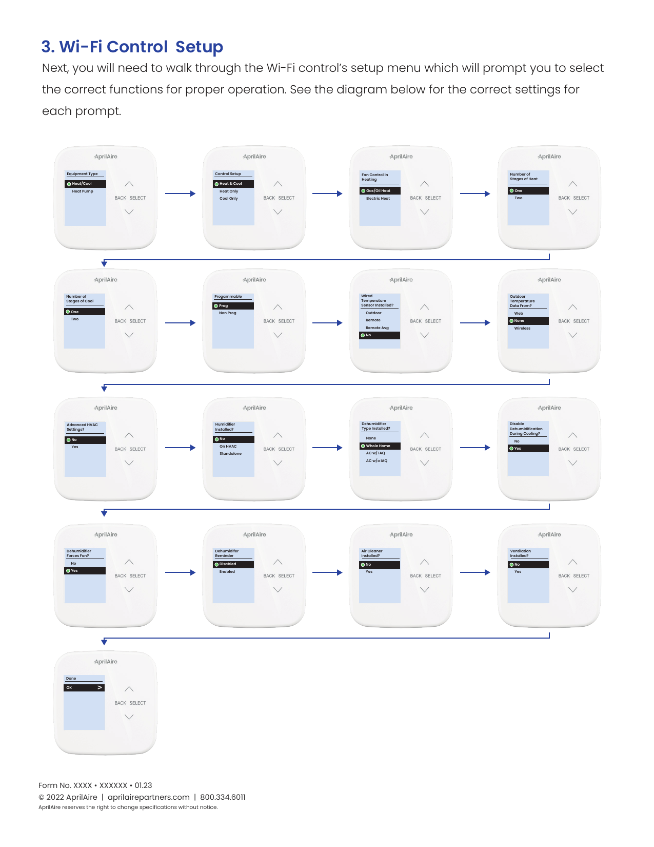 AprilAire S86WMUPR Wi-Fi control setup menu flowchart showing all configuration screens in sequence