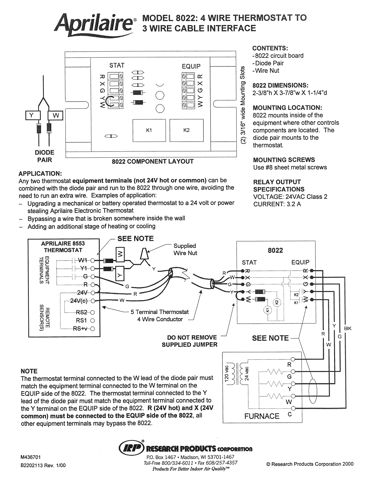 AprilAire 8022 wiring diagram showing the diode pair, component layout, and connection to an AprilAire 8553 thermostat and furnace