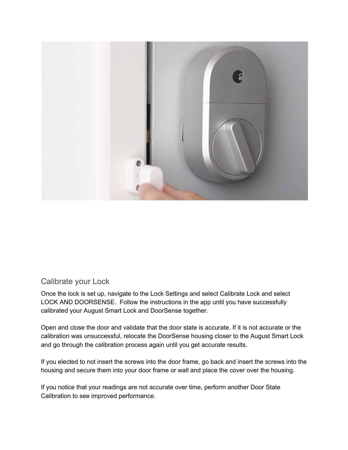 August Smart Lock and DoorSense sensor installed together on a door and frame during calibration