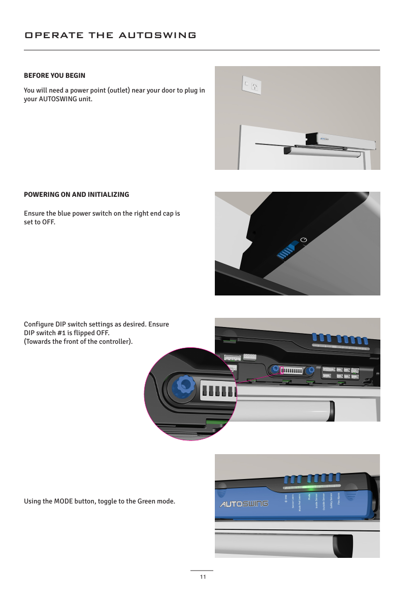 AutoSwing power-on and DIP switch configuration steps