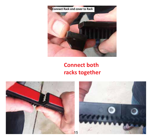 Autoslide rack assembly — connecting rack sections and end cover