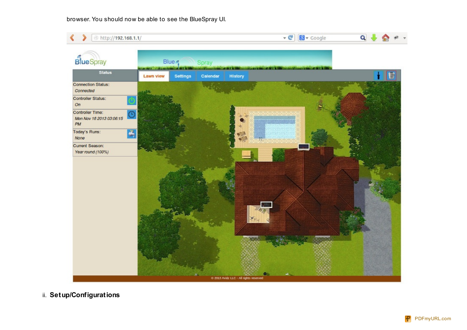 BlueSpray web app dashboard showing Lawn View with status panel, aerial yard illustration, and zone icons