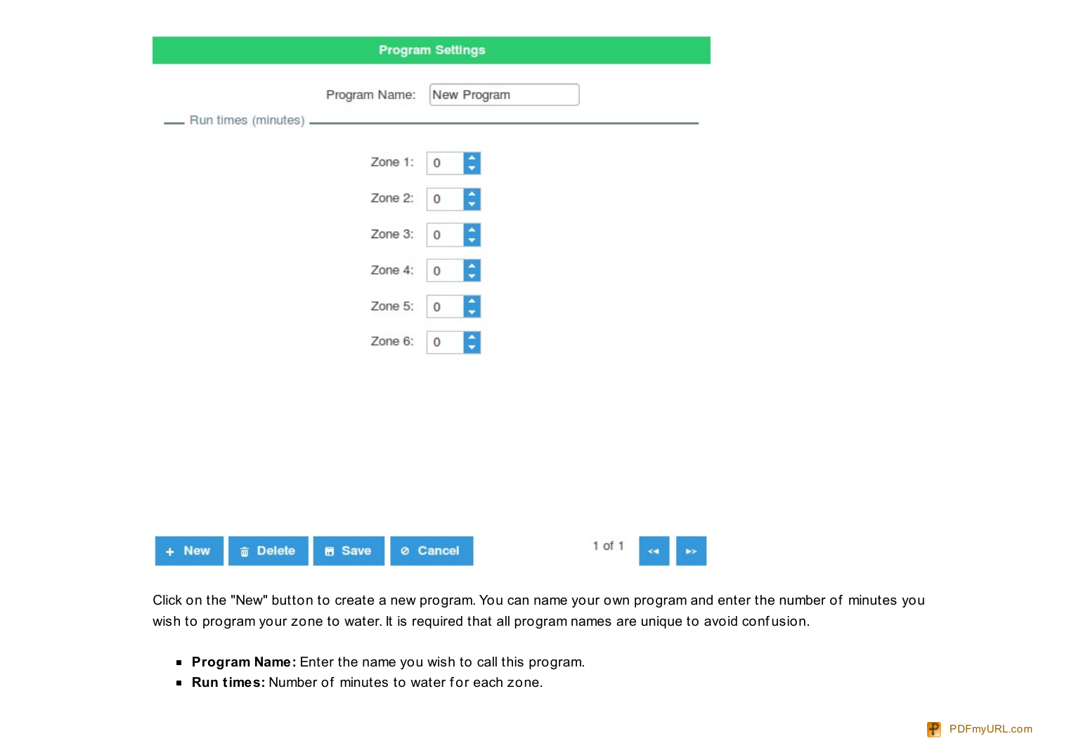 BlueSpray program settings screen showing zone run-time fields and Save/Delete/New buttons