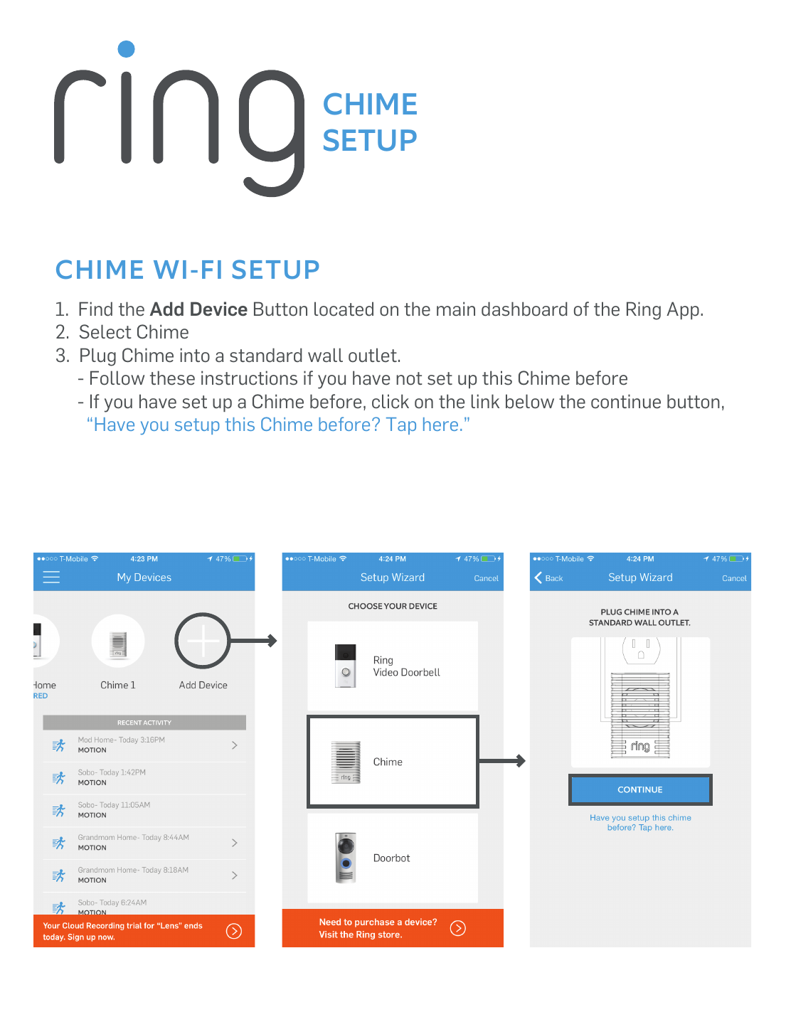 Ring App screens for adding a Chime device and plugging it into a wall outlet