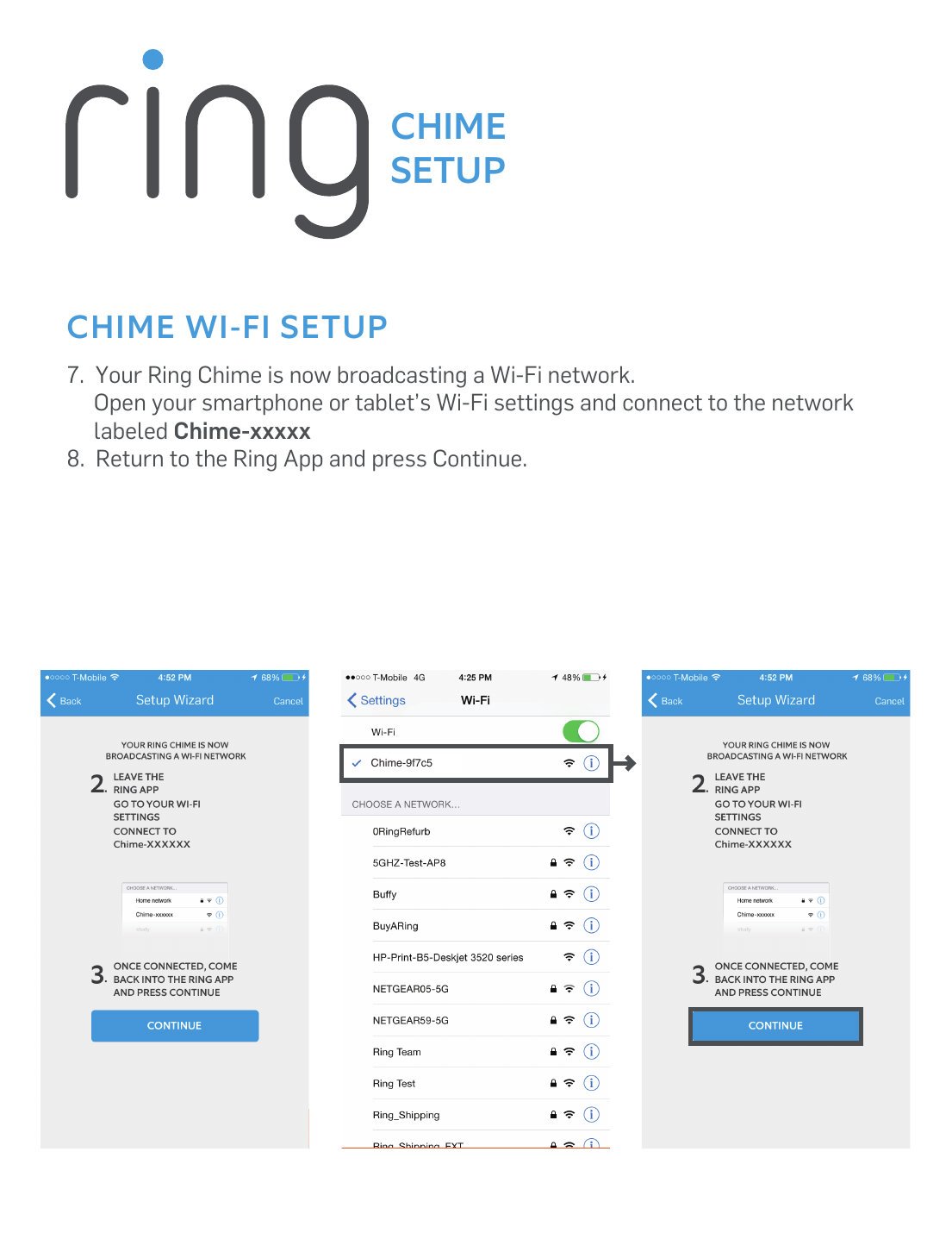 Connecting a smartphone to the Ring Chime's temporary Wi-Fi broadcast network