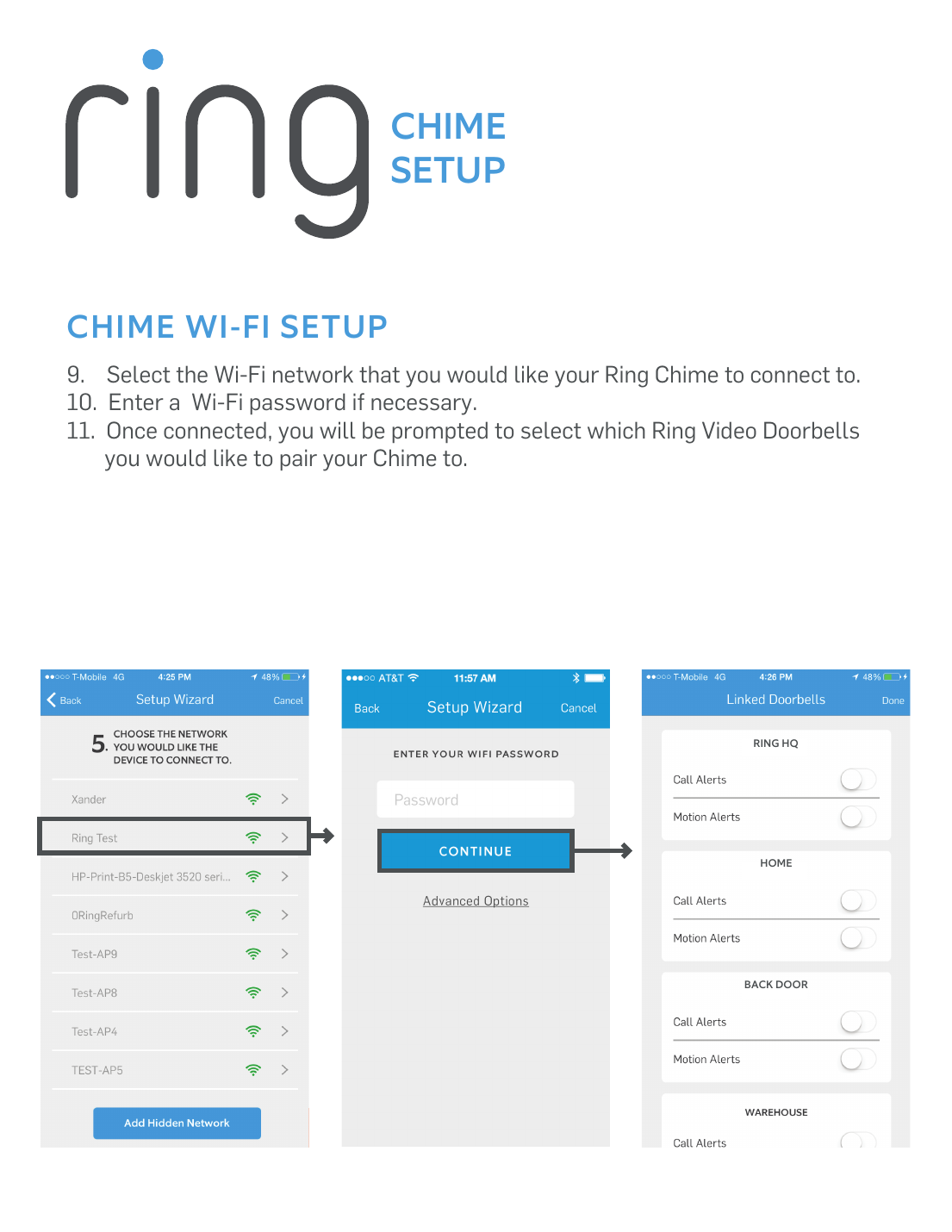 Selecting Wi-Fi network, entering password, and pairing the Chime with Ring Video Doorbells