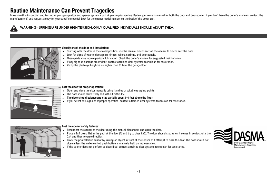 Chamberlain garage door opener routine maintenance and safety reversal test diagram