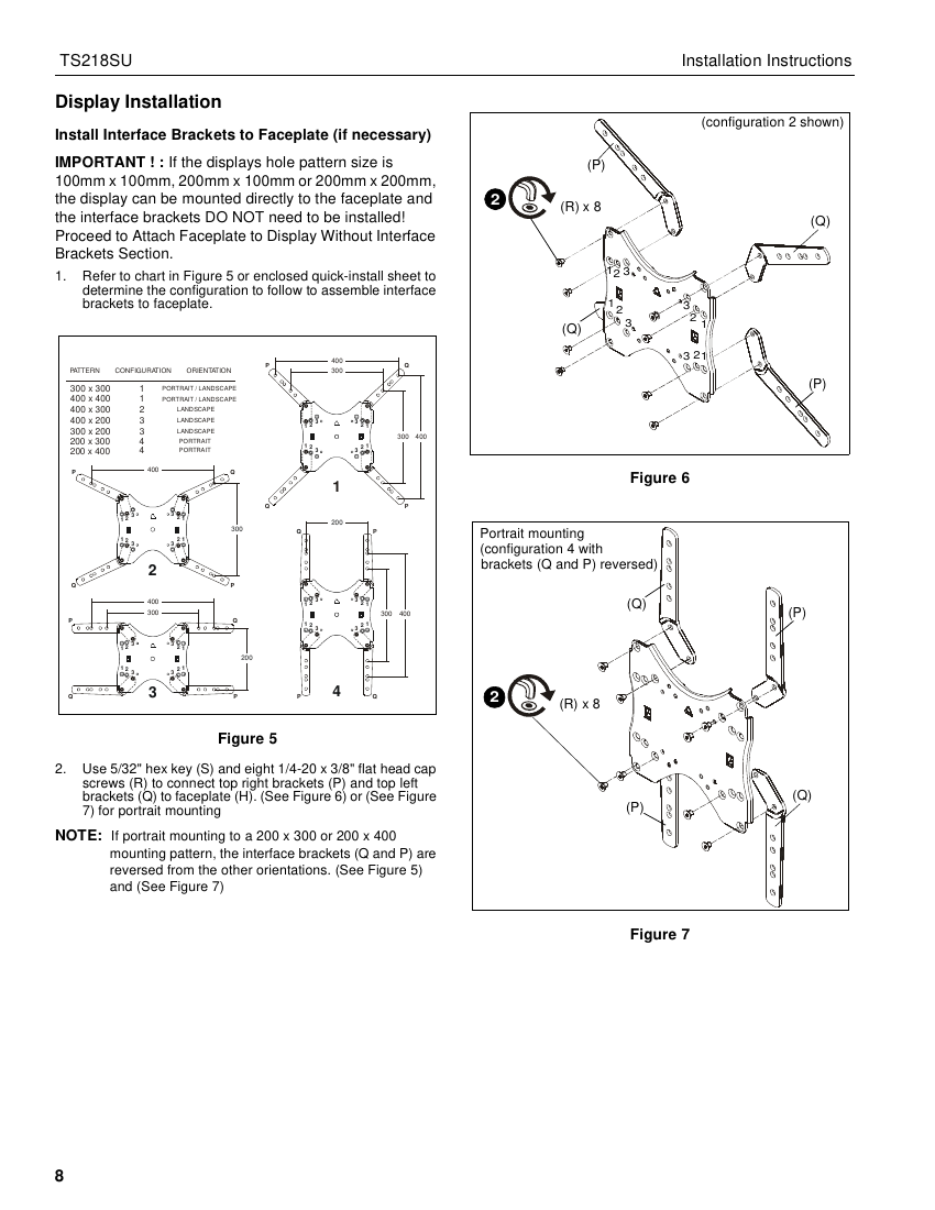 Chief TS218SU VESA bracket configuration chart and exploded assembly diagram for attaching interface brackets to the faceplate