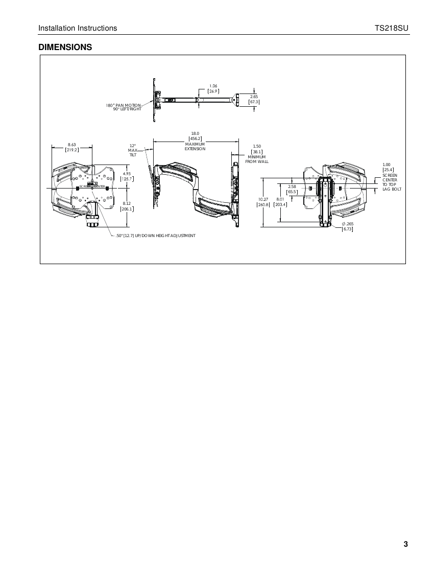 Chief TS218SU dual swing arm mount dimension diagram showing pan, tilt, extension, and lag bolt spacing measurements