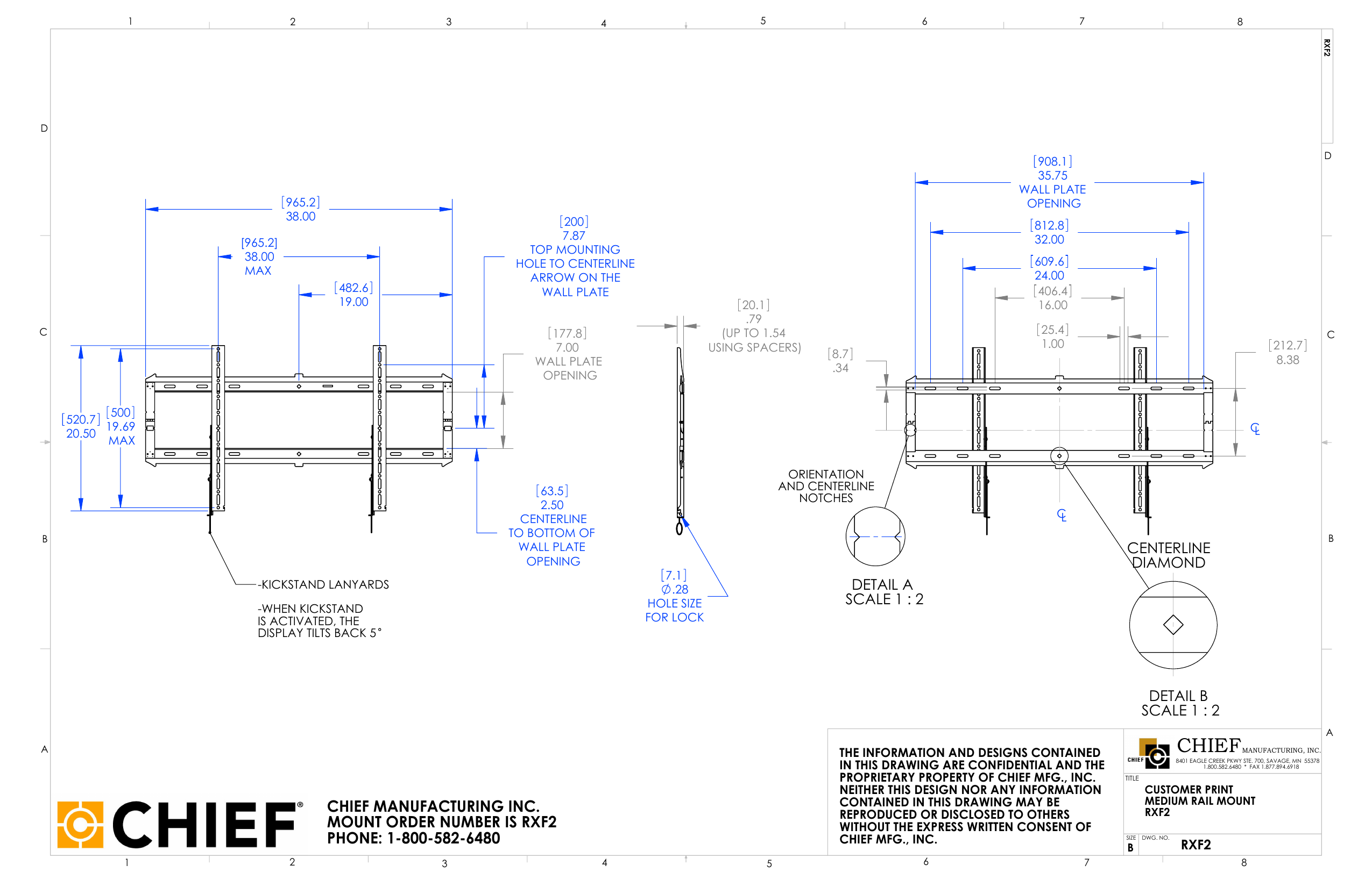 Chief RXF2 Medium Rail Mount dimensional drawing