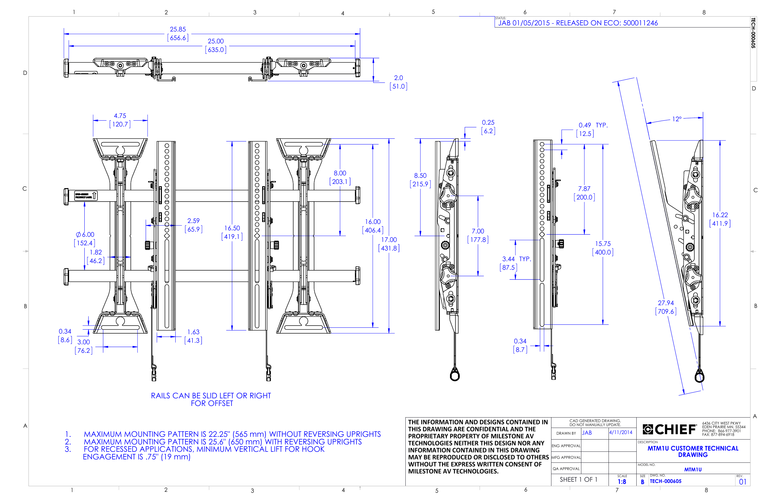 Chief MTM1U tilting wall mount technical drawing with dimensions