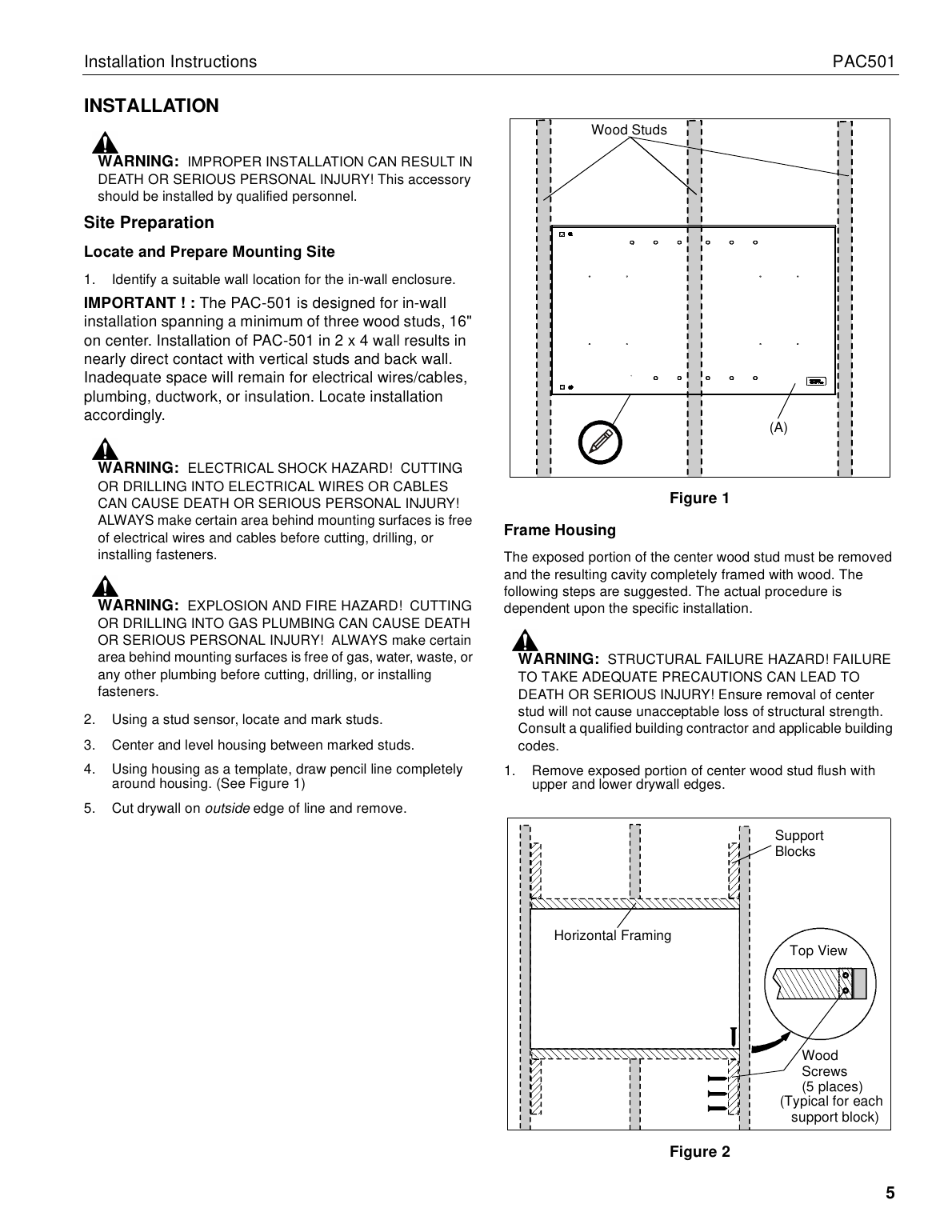 Chief PAC501 wall cutout tracing and support block/horizontal framing diagram