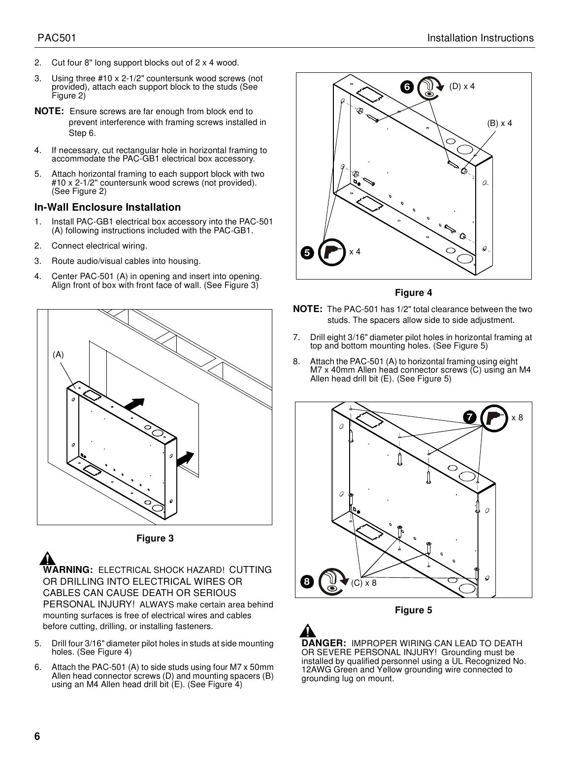 Chief PAC501 enclosure mounting into the opening and side/horizontal framing screw locations