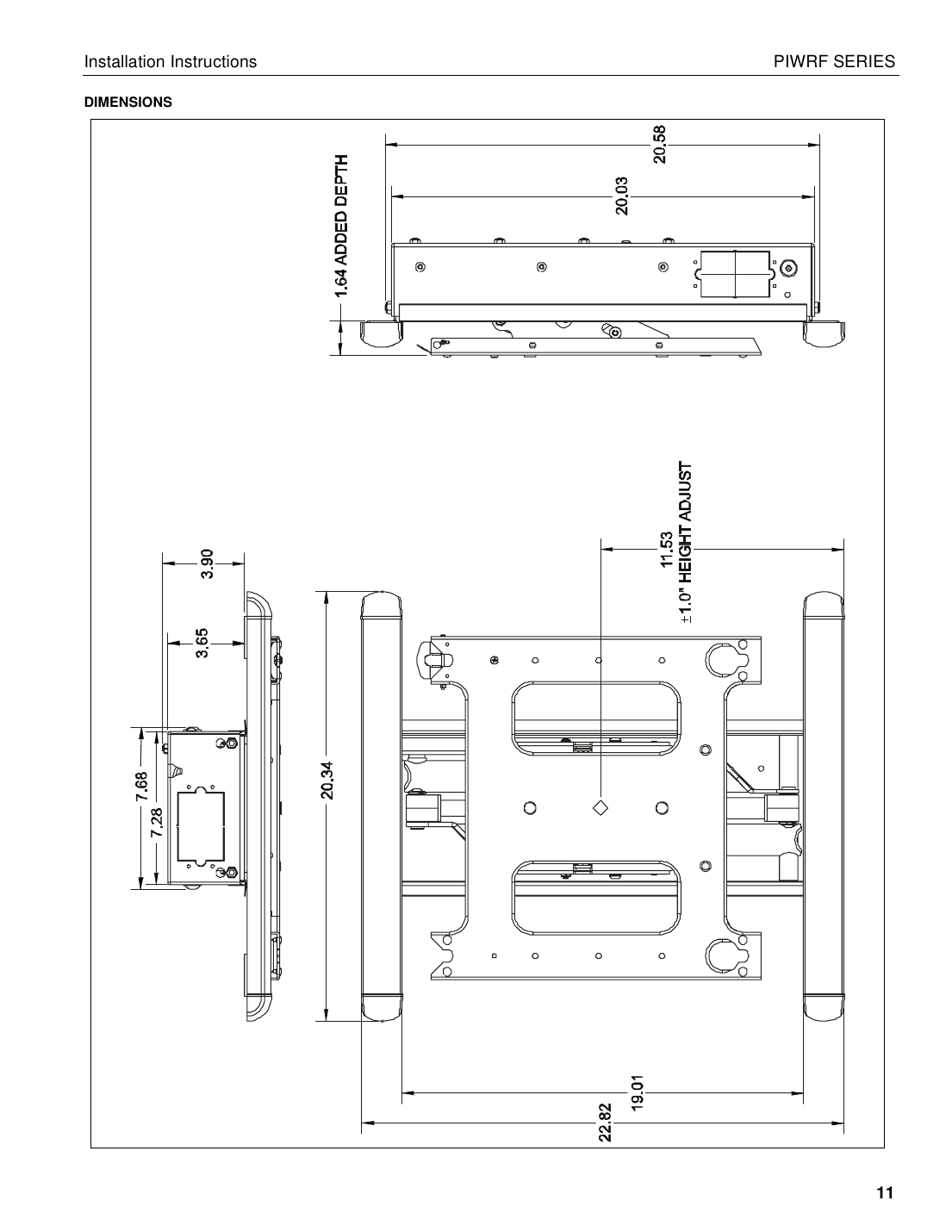 Chief PIWRF Series mount overall dimensions diagram