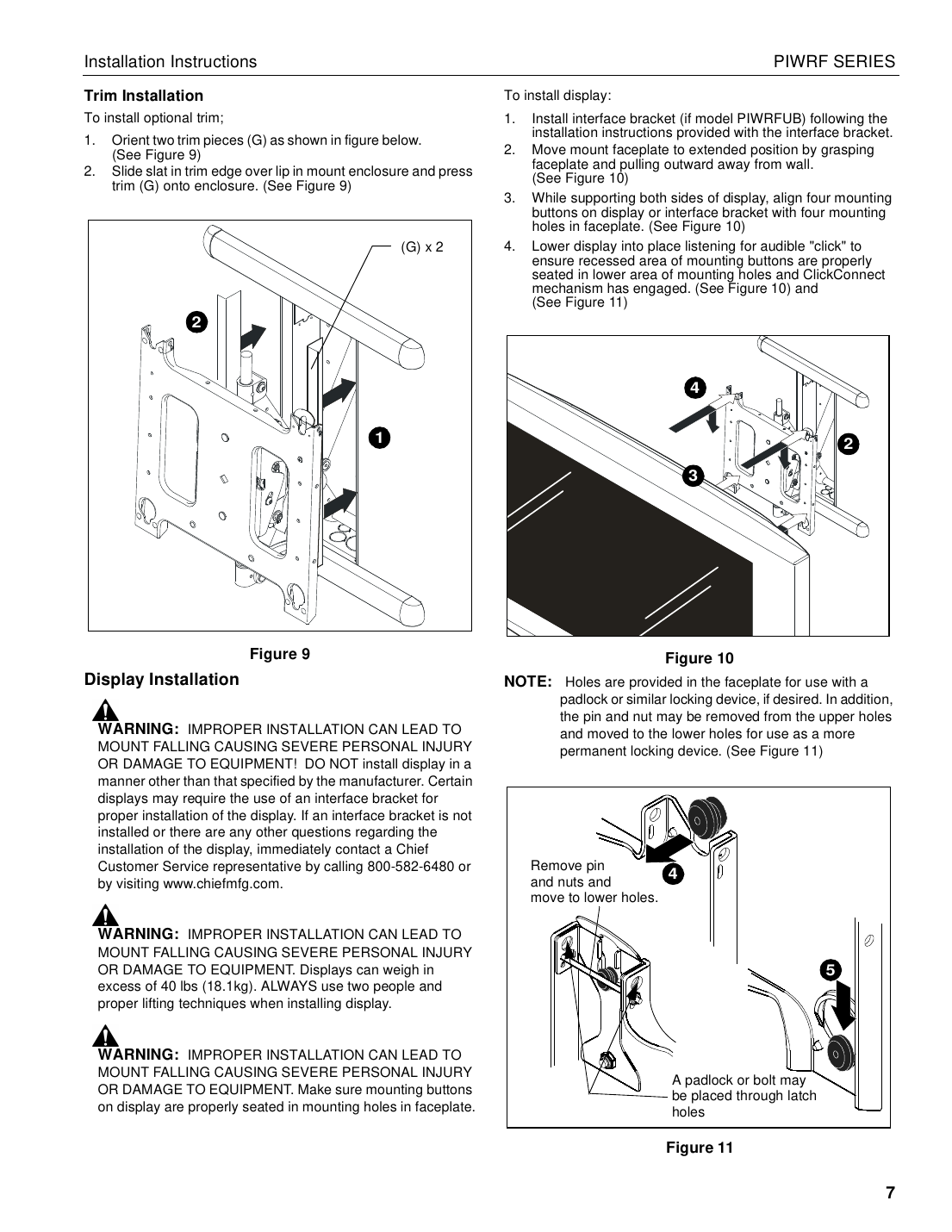 Chief PIWRF Series trim installation and display mounting with ClickConnect mechanism