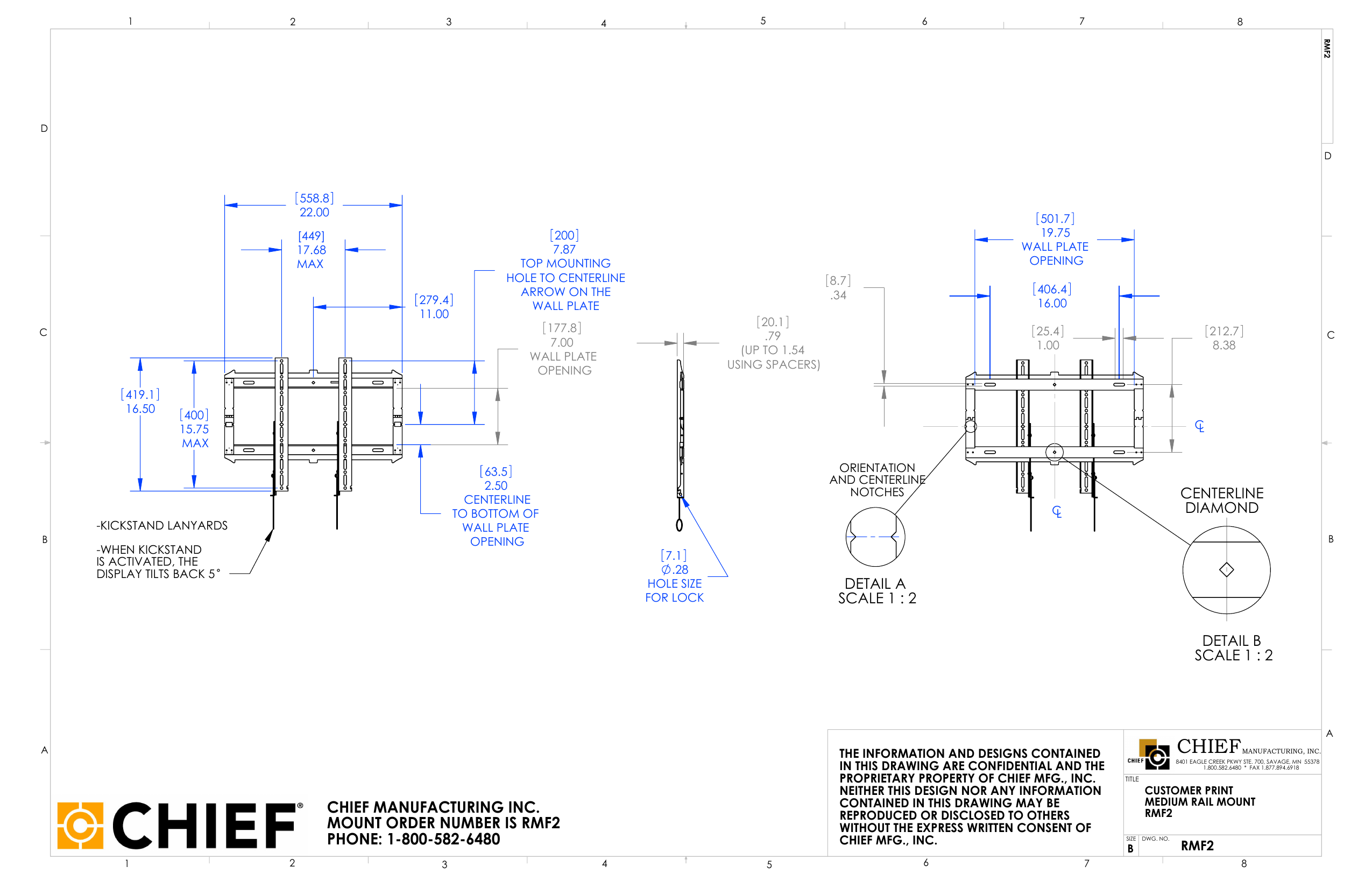 Chief RMF2 medium rail mount technical drawing with wall plate dimensions
