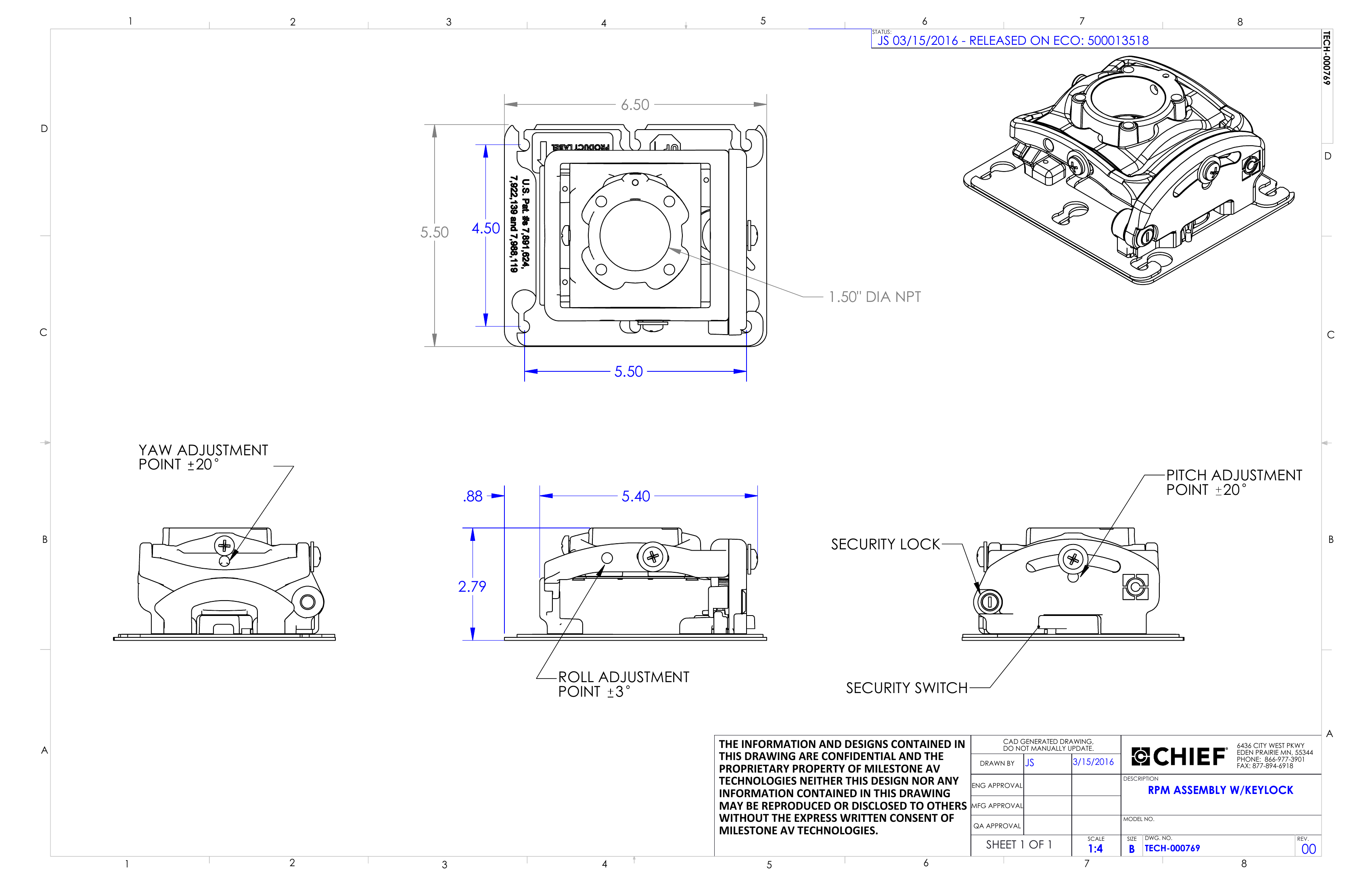 Chief RPM Assembly with Keylock (TECH-000769) dimensional drawing showing yaw, pitch, and roll adjustment points, security lock location, and mounting dimensions