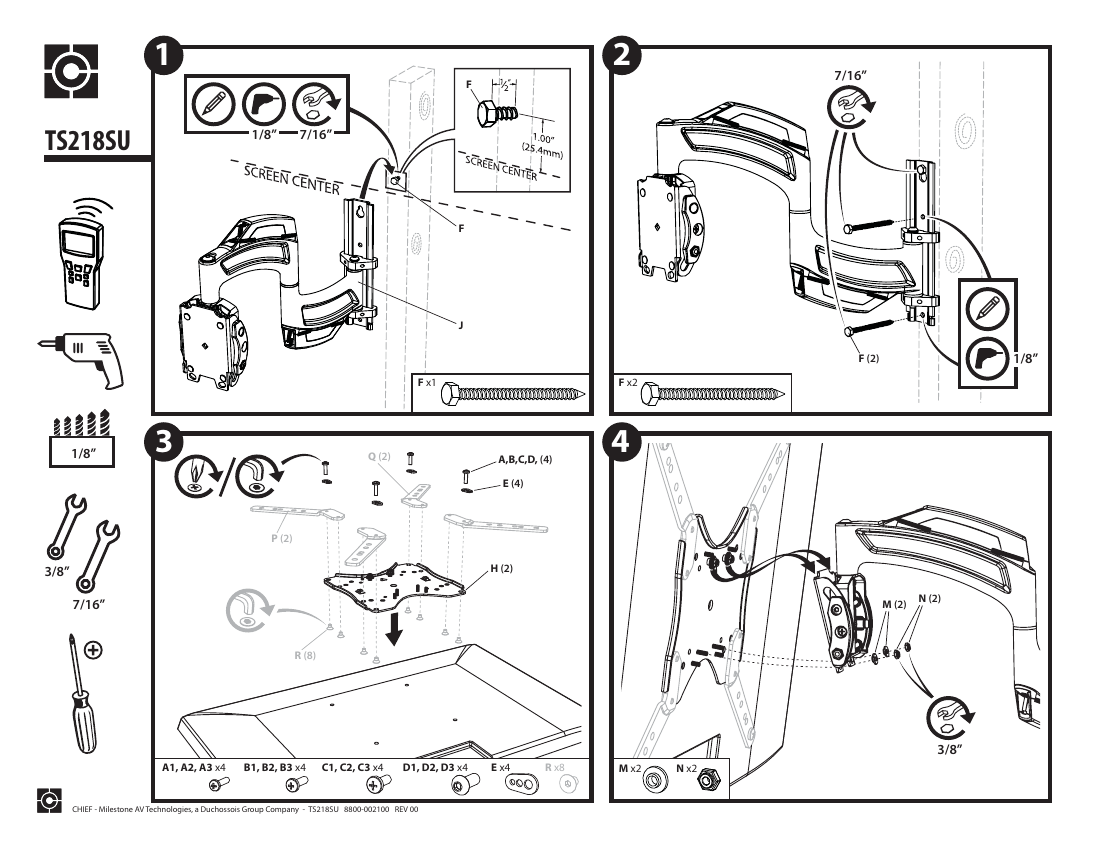Chief TS218SU wall mount assembly diagram showing all 4 installation steps with lettered hardware callouts