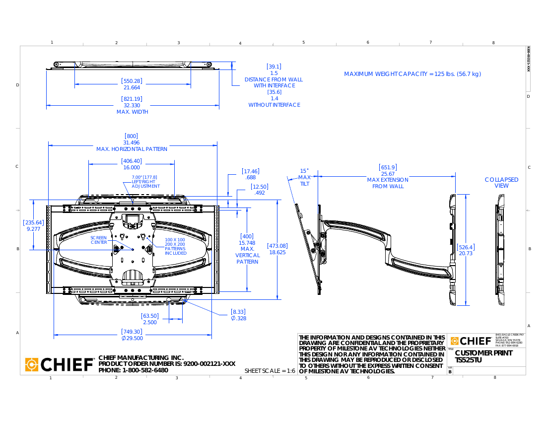 Chief TS525TU customer print showing overall dimensions, VESA mounting patterns, and wall clearance