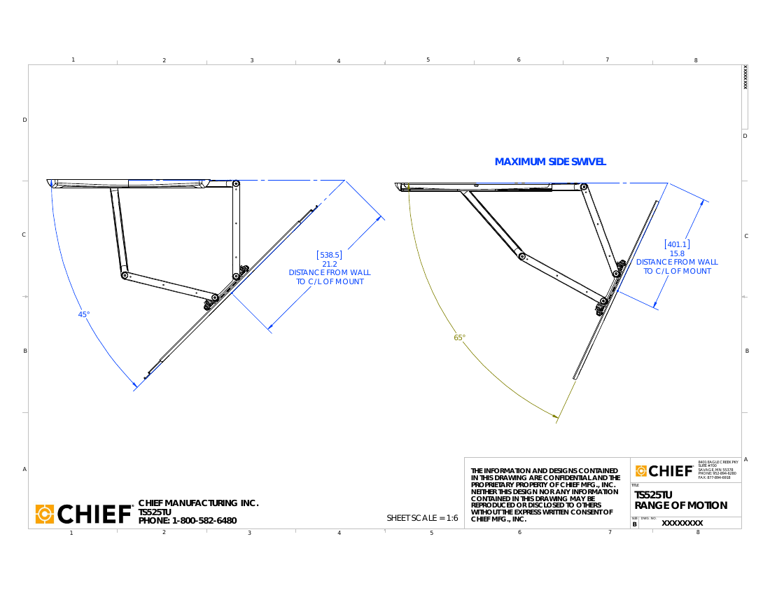 Chief TS525TU range of motion diagram showing side swivel angles and distance from wall at full swing