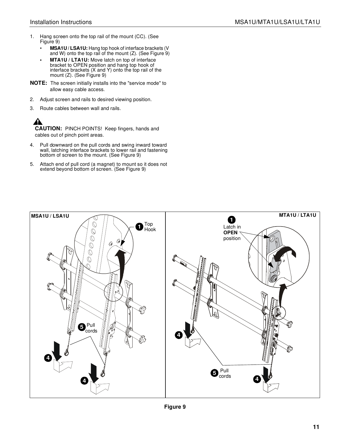 Chief flat panel mount screen attachment diagram showing pull cords and latching mechanism