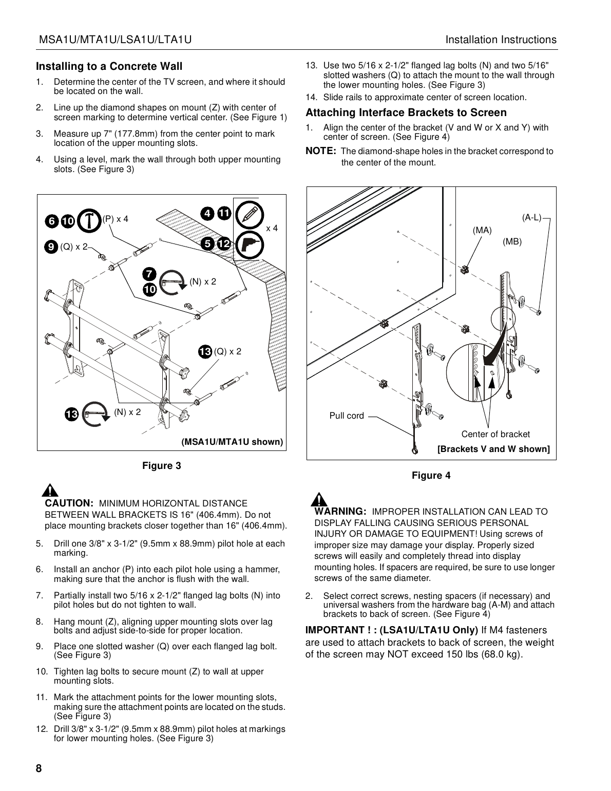 Chief flat panel mount concrete wall installation and interface bracket attachment diagram