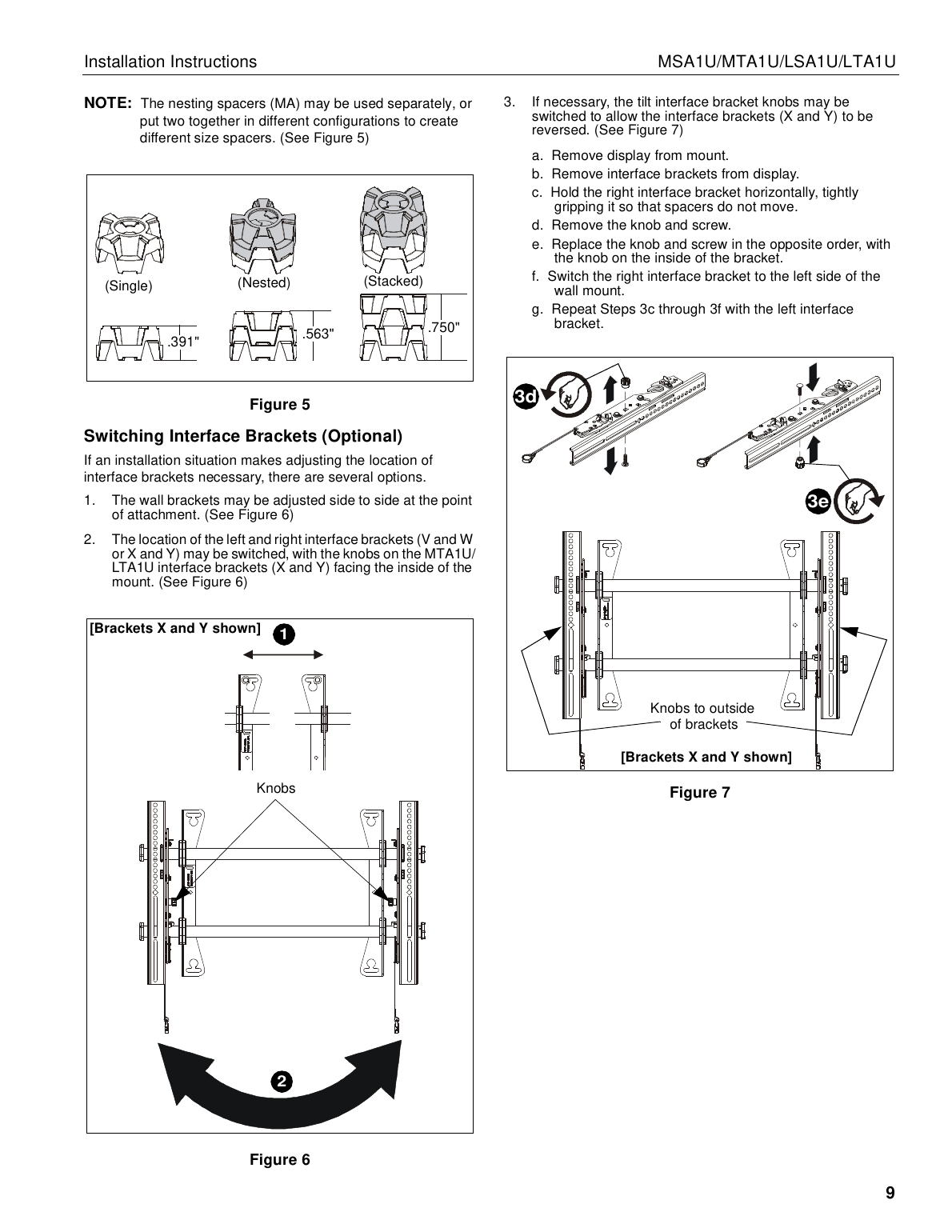 Chief flat panel mount nesting spacer sizes and interface bracket left/right swap diagram
